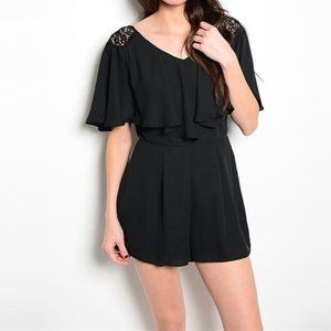 Black Flounce One Piece Lace Chiffon Summer Romper Large